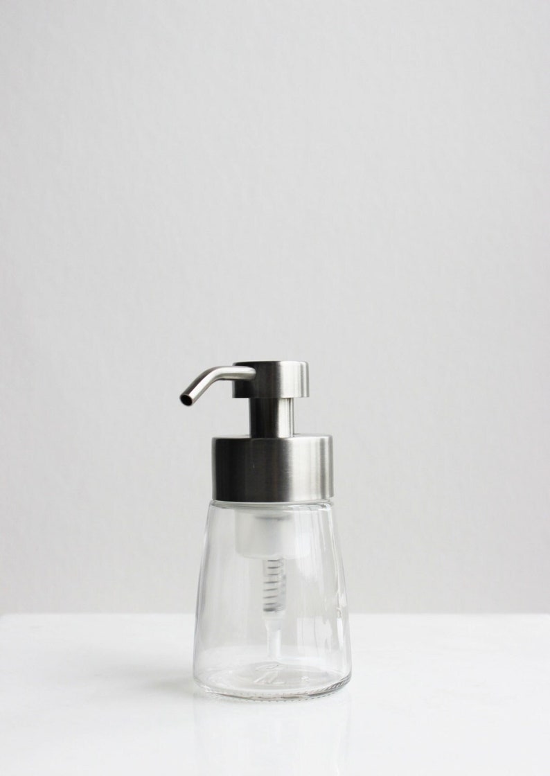 Small Glass Foaming Soap Dispenser with Stainless Metal Pump image 2