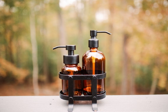 Vintage Kitchen Dish Soap + Hand Soap Dispenser Set with Black Metal Stand  / Caddy - RAIL19