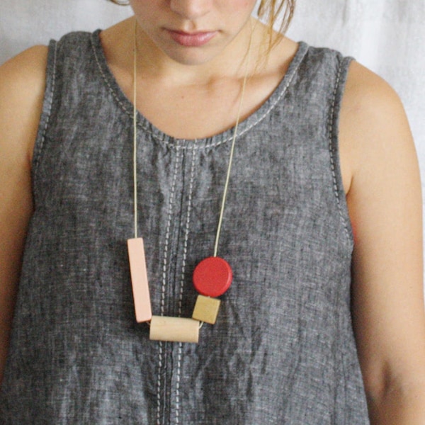 Shapes necklace - red, pink, gold, wood artsy necklace, teacher gift, simple, mod, wooden necklace, valentines, simple, natural, math gift