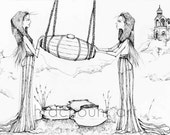 Butter Girls Print nature armenian art churning butter church hills sisters pen drawing ink fashion nature thin lines elegant drawing gossip
