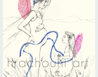 May include: A black and white line drawing of two women, one pregnant, with blue and pink wings. The pregnant woman is holding a blue ribbon that connects to the other woman. The women are standing in a field of tall grass.
