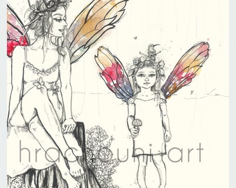 May include: A black and white line drawing of two fairies with wings. The fairy on the left has a crown of branches and a long flowing dress. The fairy on the right has a crown of flowers and a short dress. Both fairies have watercolor wings.