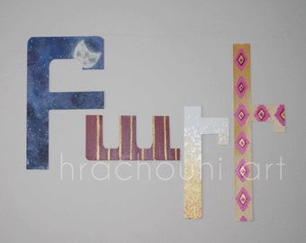 May include: A set of wooden letters spelling "FUN" with different painted designs. The "F" is painted with a dark blue starry sky and a white cat silhouette. The "U" is painted with burgundy and gold stripes. The "N" is painted with a white and gold ombre effect. The "T" is painted with a pink and gold geometric pattern.