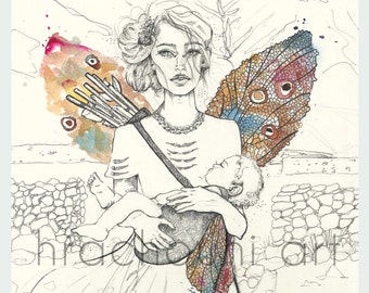 May include: A black and white line drawing of a woman with a butterfly wing, holding a baby. The woman has a quiver of arrows on her back and is wearing a necklace. The drawing is on a white background with watercolor splashes of pink, blue, and yellow.