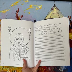May include: A black and white illustration of a saint holding a book. The text "SAIN GREGORY" is above the illustration. The text "Live simply, love generously, care deeply for the needs of your neighbor, speak softly...And leave the rest to God. -St. Luke of Sinferopol" is on the right side of the page.