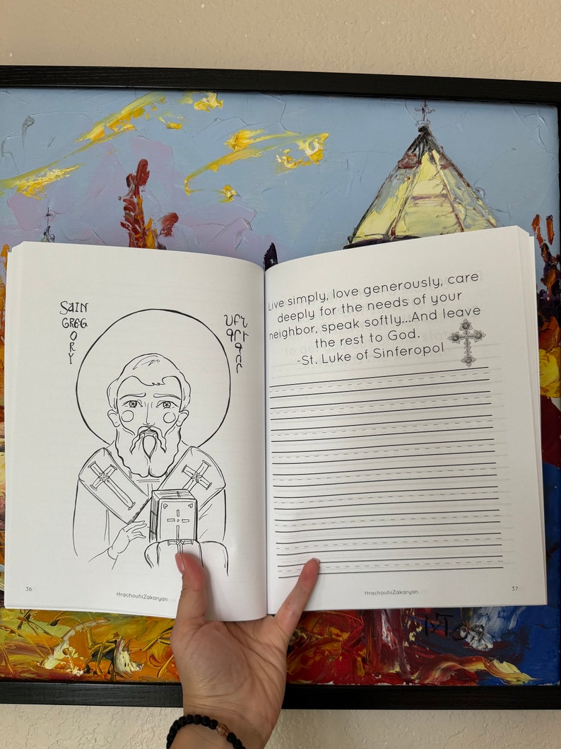 May include: A black and white illustration of a saint holding a book. The text "SAIN GREGORY" is above the illustration. The text "Live simply, love generously, care deeply for the needs of your neighbor, speak softly...And leave the rest to God. -St. Luke of Sinferopol" is on the right side of the page.