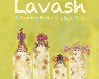 May include: A children's counting book titled "Lavash: A Counting Book" with illustrations of children hiding behind flatbreads. The book cover is yellow with brown text.