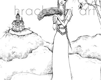 May include: A black and white line drawing of a woman with long braids holding a sheaf of wheat. She is standing in front of a tree with bare branches and a small church in the background.