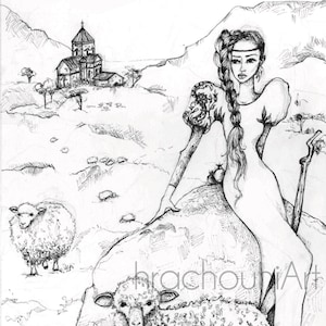 Sheep Girl Print Armenian art fashion illustration christian drawing church nature hills land shepherd delicate braided hair celtic irish