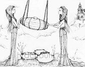 Butter Girls Print nature armenian art churning butter church hills sisters pen drawing ink fashion nature thin lines elegant drawing gossip