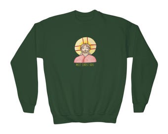 May include: Dark green sweatshirt with a watercolor illustration of Jesus with a yellow halo. The text "MEET CHRIST KIDS" is below the illustration. The sweatshirt is a crew neck style.