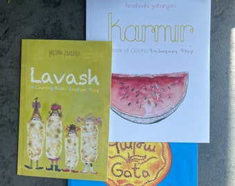 May include: Three children's books with colorful covers. The first book is yellow with the word "Lavash" in black and a counting book theme. The second book is white with the word "Karmir" in green and a watermelon illustration. The third book is blue with the word "Gata" in yellow and a book of shapes theme.