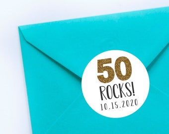 50 Rocks Stickers, Gold Letters, Birthday Favors, Envelope Seals, 50th Birthday, Gold Numbers, 50th Birthday, Turning 50, Party Tags