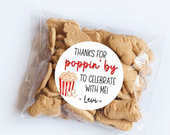 Popcorn Poppin' By Birthday Stickers, Popcorn Favors, First Birthday, Movie Birthday, Birthday Party, Favors, Movie Theme, Popcorn Favors