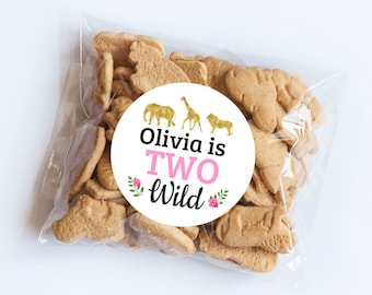 Custom Pink Two Wild Safari Stickers, Wild One, Safari Animals Theme, Wild One Party, Party Animal, Zoo Animal, Party Favors, Wild Animals