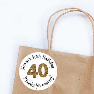 Adesivos de aniversário de 40 anos dourados, tema dourado, aniversário de 40 anos, aniversário de menina, obrigado por vir, personalizado, etiquetas One, selos de envelope, festa
