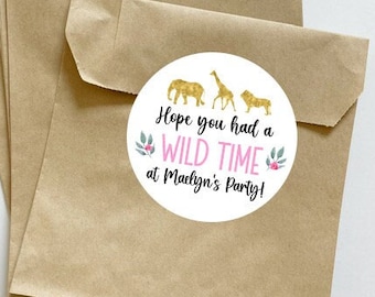 Wild Time Pink Safari Stickers, Wild One, Safari Animals Theme, Wild One Party, Party Animal, Zoo Animal Tag, Party Favors, Wild Animals