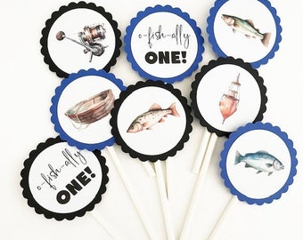 12 Aquarell Angeln Cupcake Toppers, Angeln Geburtstag, Fisch Thema, O Fish Ally One, erster Geburtstag, Geburtstags Topper, Angeln Picks
