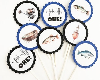 12 Watercolor Fishing Theme Cupcake Toppers, Fishing Birthday, Fish Theme, O Fish Ally One, First Birthday, Birthday Toppers, Fishing Picks