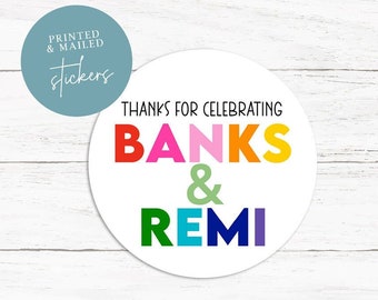 Rainbow Letter Thank You Stickers, Rainbow Birthday, Thank You Stickers, Favors, First Birthday, Rainbow Labels, Double Birthday, Two Names