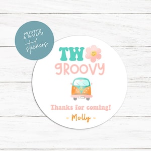 Two Groovy Pink Orange Stickers, Turning Two, Retro, 2nd Birthday, Birthday Stickers, Rainbow Stickers, Labels, Treat Favors