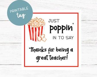 Printable Popcorn Tag, Hearts, Teacher Tag, Teacher Appreciation, Poppin' In, Popcorn Label, Favors, Cookie Tags, Bakery, Popcorn Tags