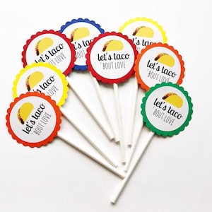 12 Taco Bout Love Cupcake Toppers, Fiesta Theme, Wedding Shower, Taco Toppers, Mardi Gras, Fiesta Birthday, Cake Toppers, Fiesta Shower