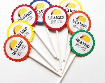 12 Taco Bout Love Cupcake Toppers, Fiesta Theme, Wedding Shower, Taco Toppers, Mardi Gras, Fiesta Birthday, Cake Toppers, Fiesta Shower