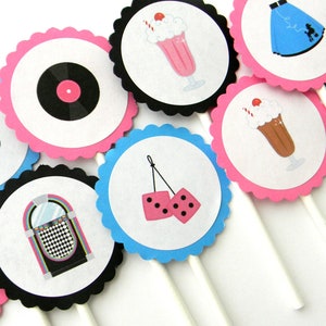 12 Fabulous 50s Cupcake Toppers, Over the Hill Birthday, 50s Party, Birthday Picks, Record Player, Milkshake, 50s Birthday Party, Sock Hop
