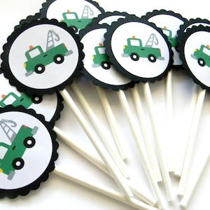 12 Tow Truck Cupcake Toppers, Tow Truck Theme, Green Truck, First Birthday, Boy Birthday, Party Toppers, Truck Theme, Tow Truck Party