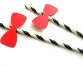 12 Red Bow Party Straws - Black Stripe Straws, Gender Reveal, Girl Birthday, Red Bow, Party Decor