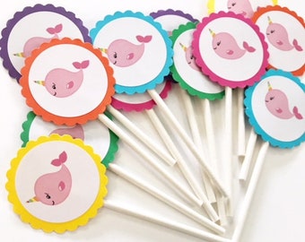 12 Narwhal Cupcake Toppers, Rainbow Narwhals, First Birthday, Narwhal Theme, Underwater Birthday, Pool Party, Narwhal Party, Rainbow