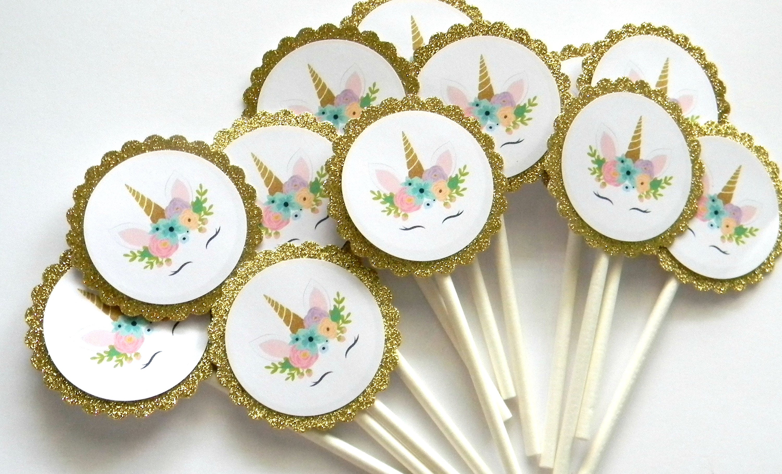 48 Stück Gold Einhorn Cupcake Topper – Mit Glitzer, Für Geburtstag, Baby Shower, Pferde-Motiv, Einfach Zu Montieren
