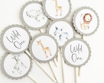 12 Animal Safari Watercolor Cupcake Toppers, Party Decor, Wild One, Safari Theme, Animal Toppers, Jungle, Safari Birthday, First Birthday