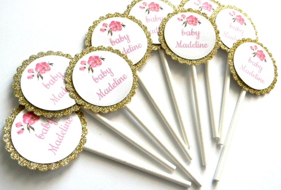 12 Pink Peonies Name Cupcake Toppers, Gold Theme, Girl Toppers, Girl Baby Shower, Gender Reveal, Gold Toppers, Glitter Gold, It's a Girl Il_570xn