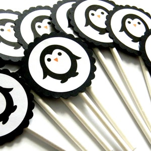 12 Penguin Cupcake Toppers, Penguin Birthday, First Birthday, Baby Shower, Penguin Theme, Penguin Party, Winter Wonderland, Winter Party