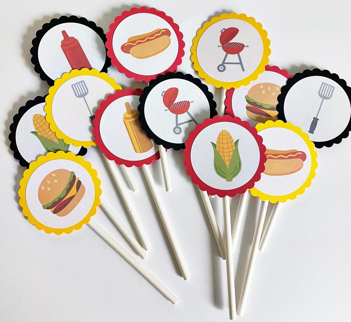 12 BBQ Cupcake Toppers, Cook Out Theme, Birthday Toppers, BBQ Theme ...