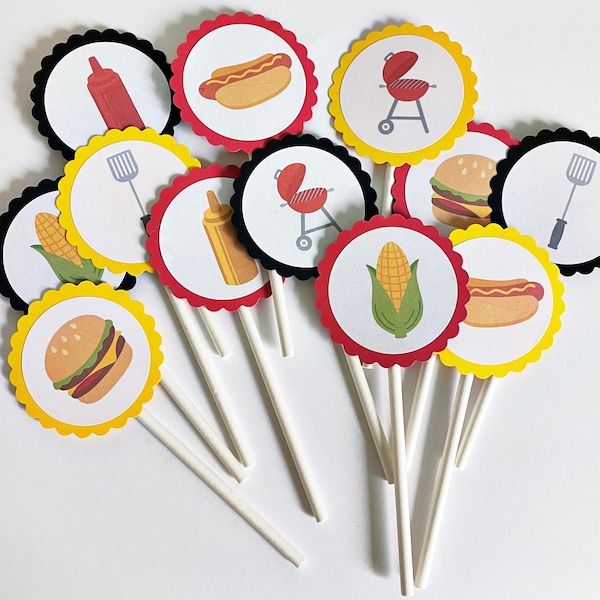 12 BBQ Cupcake Toppers, Cook Out Theme, Birthday Toppers, BBQ Theme, Birthday Decor, Grilling Toppers, Cooking Party, Cook Out Birthday