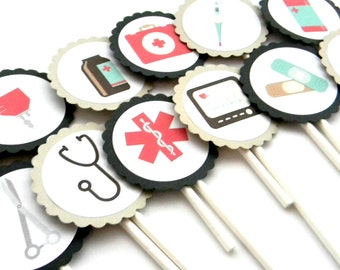 12 medicinska muffinsdekorationer, läkartema, födelsedagstoppare, sjukhusfestdekor, sjuksköterskefest, läkarutbildningsfest, examen, examenstema