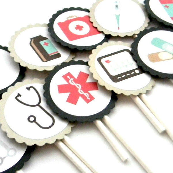 12 Medical Cupcake Toppers, Doctor Theme, Birthday Toppers, Hospital Party Decor, Nurse Party, Medical School Party, Graduation, Grad Theme