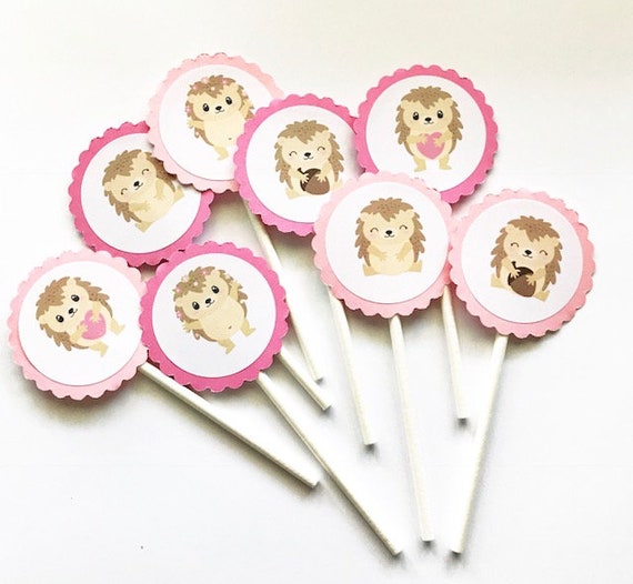 12 Hedgehog Cupcake Toppers, Girl Birthday, Pink Hedgehog, Animal Theme, Hedgehog Birthday, Pink Heart, Forest Animals, Toppers Il_570xn