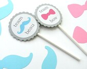 12 Bow and Beau Cupcake Toppers, Gender Reveal, Baby Shower, Team Pink, Team Blue, It's a Girl, It's a Boy, Bows, Mustaches, Little Man