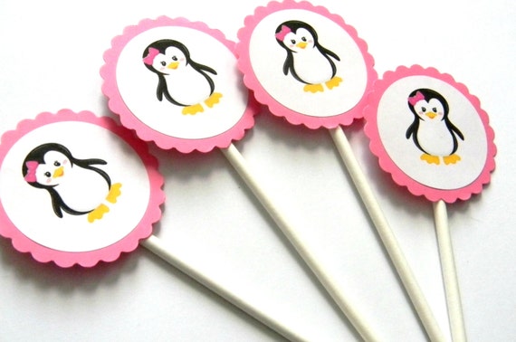 12 Girl Penguin Cupcake Toppers, Girl Penguin, Pink Bow, Birthday Toppers, First Birthday, Penguin Theme, Wildlife Party, Penguin Theme Il_570xn