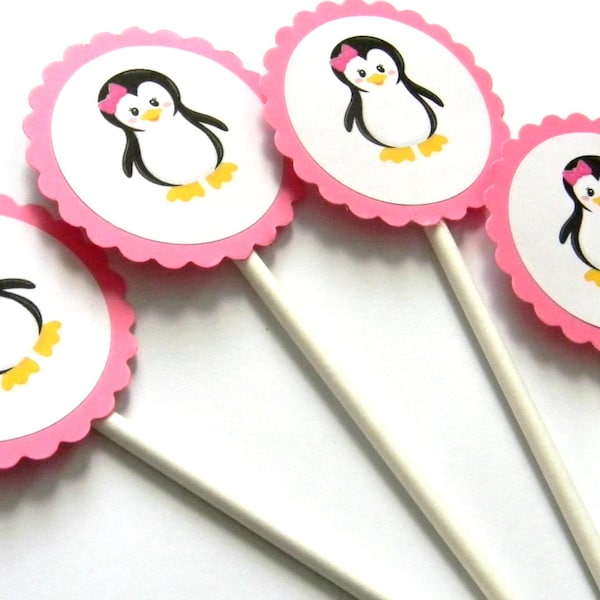 12 Girl Penguin Cupcake Toppers, Girl Penguin, Pink Bow, Birthday Toppers, First Birthday, Penguin Theme, Wildlife Party, Penguin Theme