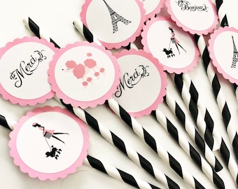 12 Paris Party Straws, Paris Birthday, French Theme, Parisian Theme, Paris Baby Shower, Poodle Party, Tea Party, Paris Theme, Poodle Theme