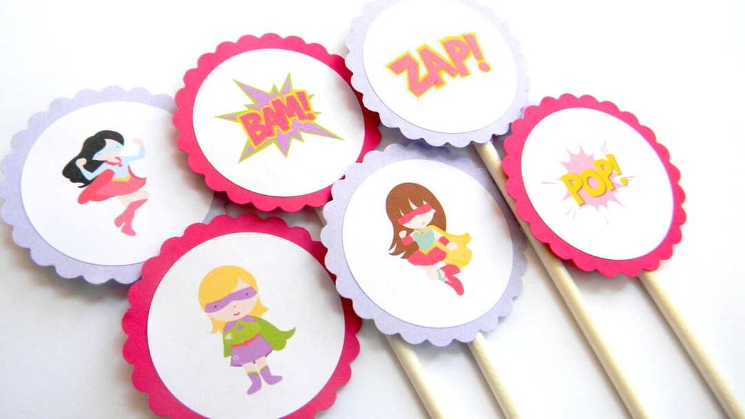 12 Girl Superhero Cupcake Toppers Superhero Birthday First Etsy