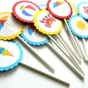 12 Beach Cupcake Toppers, Summer Theme, Summer Birthday, First Birthday, Crab, Beach Party, Beach Birthday, Baby Shower, Pool Party