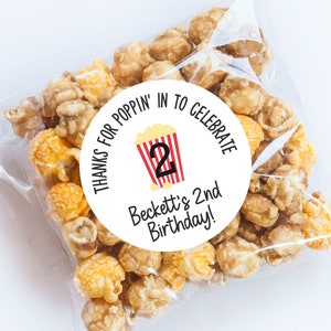 Popcorn Birthday Stickers, Popcorn Favors, First Birthday, Movie Birthday, Birthday Party, Favors, Movie Theme, Popcorn Favors, Celebrate