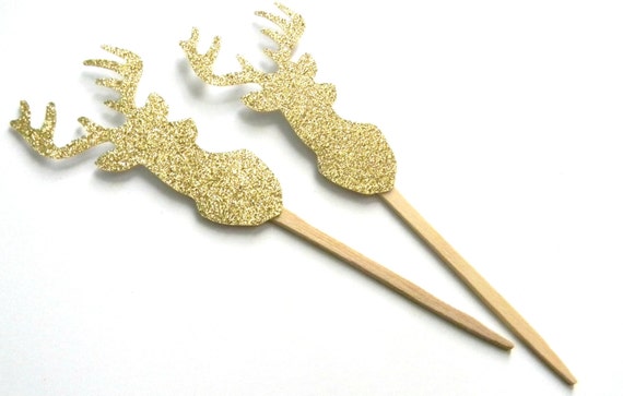 12 Gold Deer Cupcake Toppers, Woodland Theme, Deer Picks, Cake Topper, Woodland Birthday, Rustic Toppers, Deer, Wedding Picks, Baby Shower Il_570xn