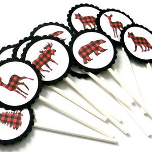 12 drwal Cupcake Toppers, czerwoną kratę Toppers, Wildlife Toppers, drwal urodziny, urodziny leśnych, rustykalne Topper, drwal prysznic